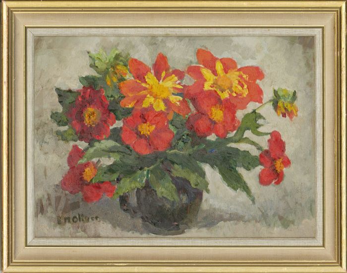 B.M. Oliver - Signed & Framed Mid 20th Century Acrylic, Still Life of Zinnias