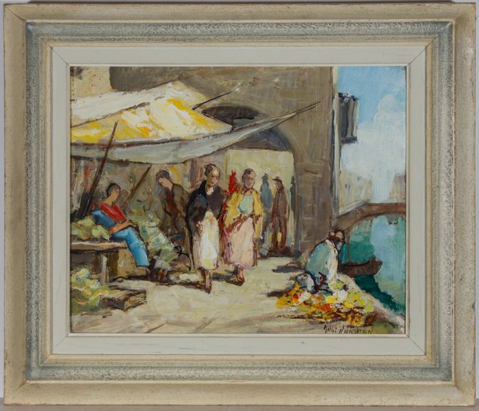 Knut Norman (1896-1977) - Mid 20th Century Oil, Market by the Canal in Venice