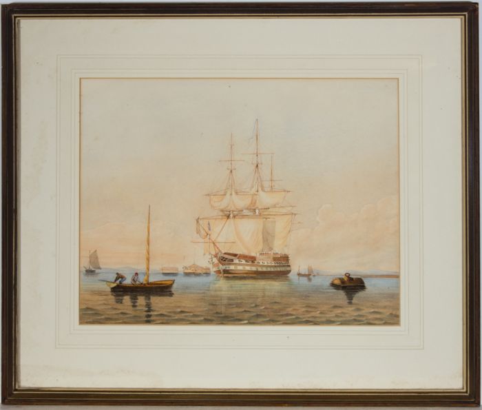 Framed Mid 19th Century Watercolour - Naval Sailing Ship at Anchor
