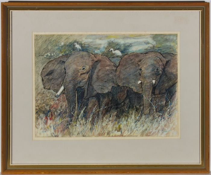 Henry E. Foster (1921-2010) - 1969 Watercolour, African Elephants & Egret Brids
