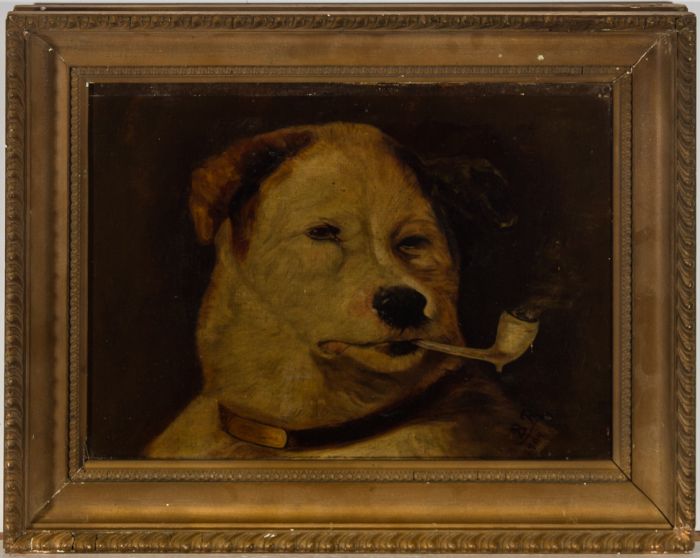 B. R. After Landseer  - Framed 1909 Oil, A Quiet Pipe