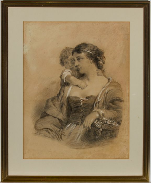 A. W. Down - Framed Late 19th Century Graphite Drawing, Mother and Son