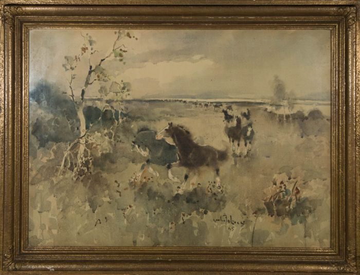 Giulio Falzoni (1900-1978) Mid 20th Century Watercolour - Wild Horses