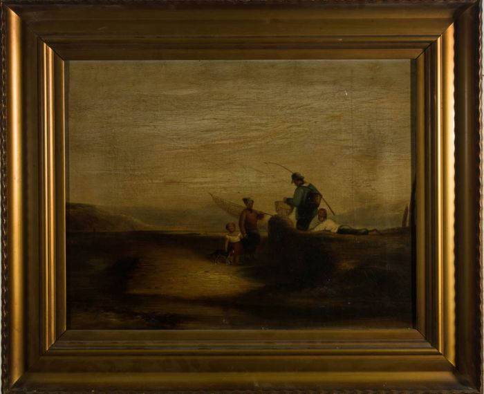 Framed 19th Century Oil - Fishermen at Lowtide