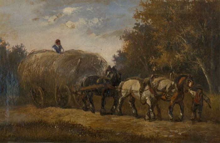 Late 19th Century Oil - Hay Cart with Horses