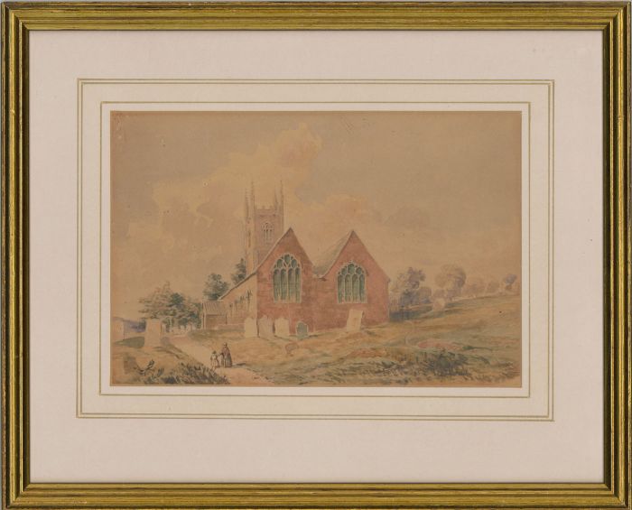 Framed Late 19th Century Watercolour - Village Church Scene with Figures