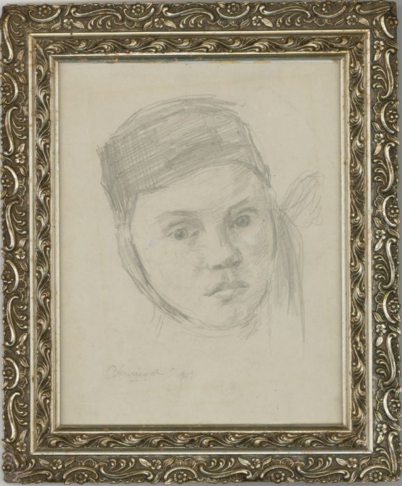 Framed 1951 Graphite Drawing - Head Study of a Girl Wearing a Hat