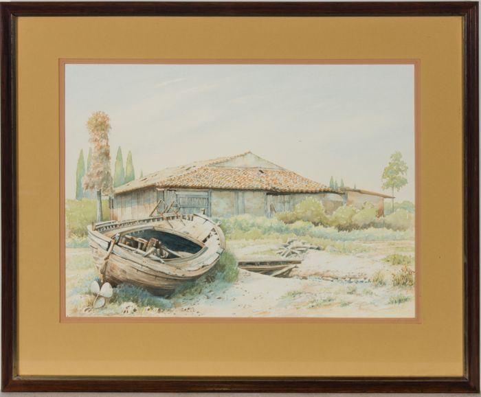 A. Padbury - 1985 Watercolour, Corfu, Fishing Boat and Shed