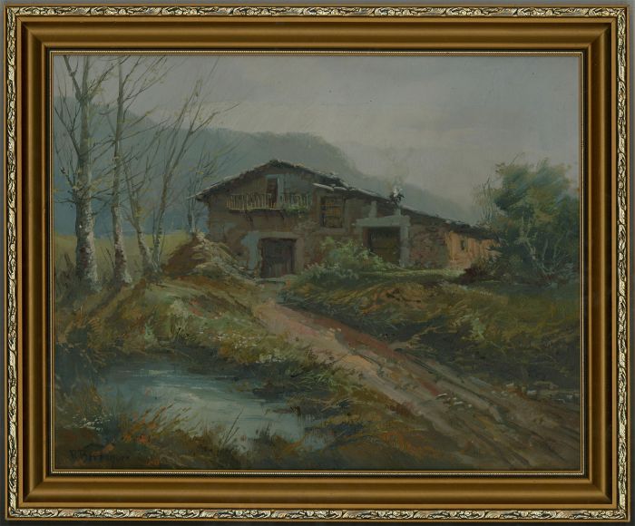 P. Berenguer - Framed Mid 20th Century Oil, The Stone Cabin