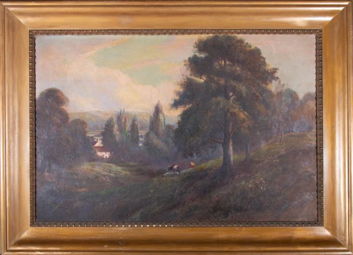 Early 20th Century Oil - Cattle Grazing On Rolling Hills