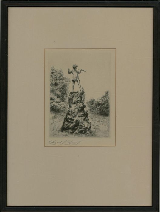 Edward J. Cherry FRSA - Framed Early 20th Century Etching, Peter Pan Statue