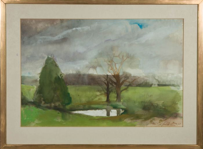 20th Century Watercolour - Stark Trees Reflected in a Pond