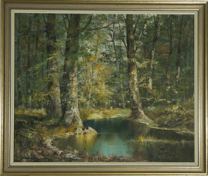 Framed 20th Century Acrylic - Calm River Scene