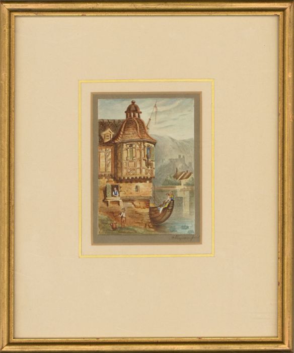 Framed Mid 19th Century Watercolour - European River Scene