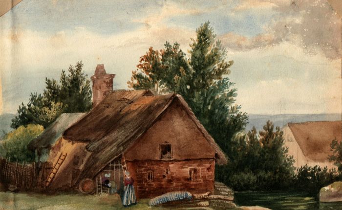 19h Century Watercolour - Rural Cottage by Stream
