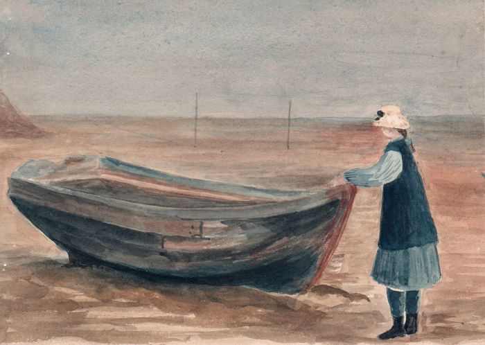 19th Century Watercolour - Girl and Boat on Beach