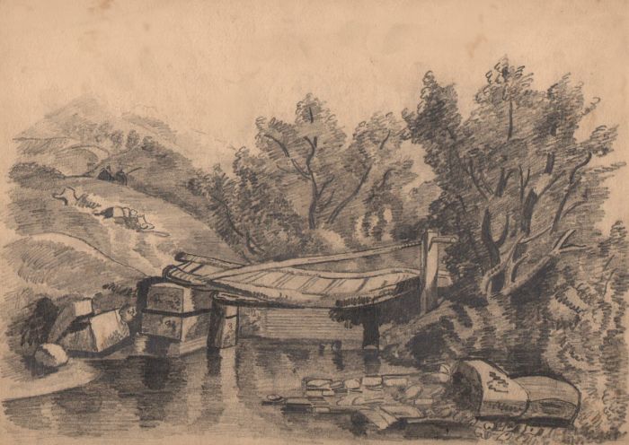 19th Century Graphite Drawing of a Footbridge
