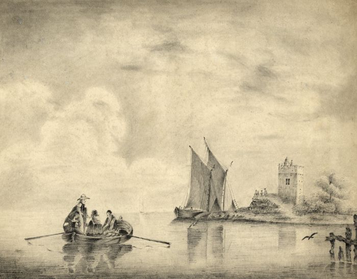 Mid 19th Century Graphite Drawing - Rowing Ashore