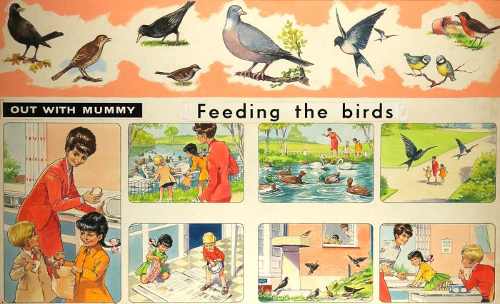 1972 Gouache - Out with Mummy, Feeding the Birds from "Teddy Bear's Toy Box"