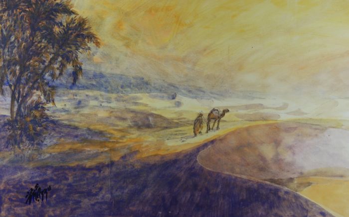 Mazzu - Large Pen, Ink and Pastel of Camels in the Desert