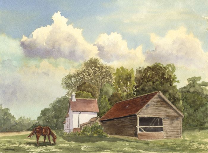 Ted Drew - Contemporary Watercolour, Horse and Country Buildings, Signed