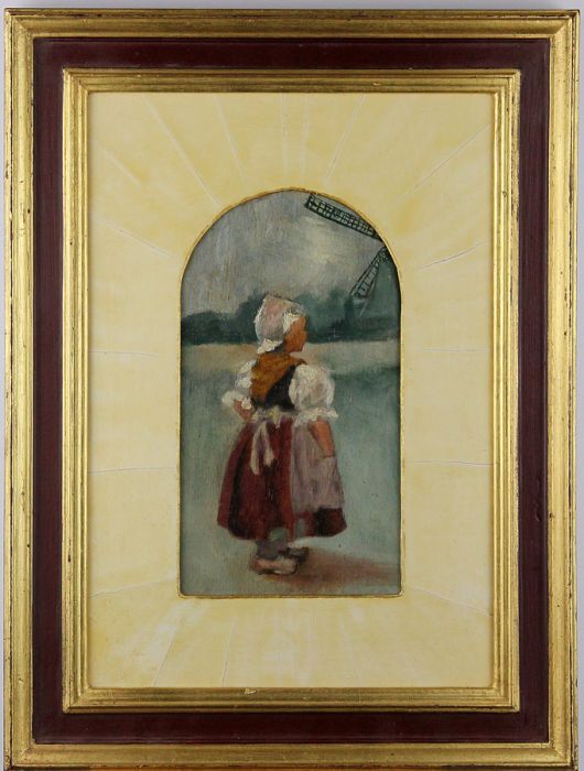 19th Century Oil - Dutch Girl with Windmill Oil Painting