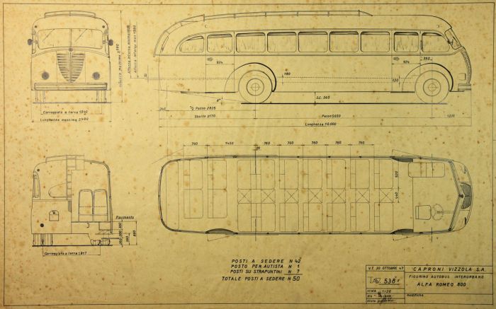1947 Original Technical Drawing of Alfa Romeo 800 WW2 Bus