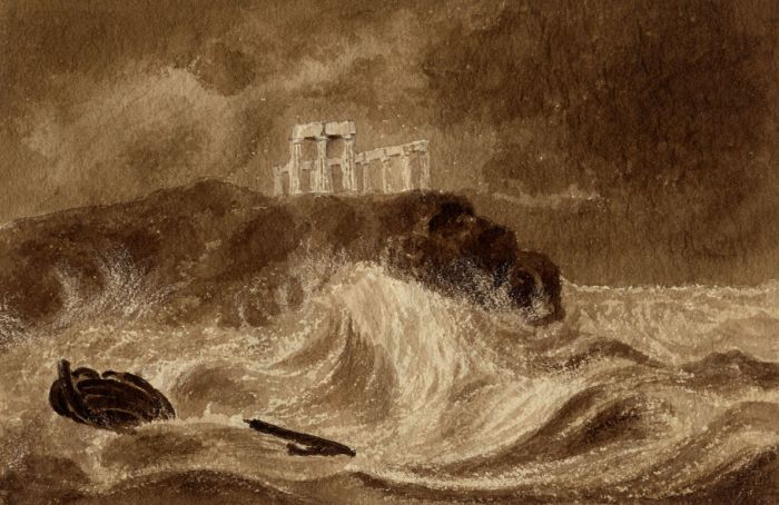 Mid 19th Century Watercolour - Temple of Minerva, Cape Colonna of Grand Tour
