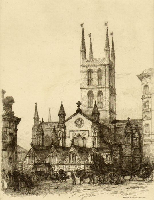 Alfred Mayhew Williams (1826-1893) - 1885 Etching, Priory Church St Mary