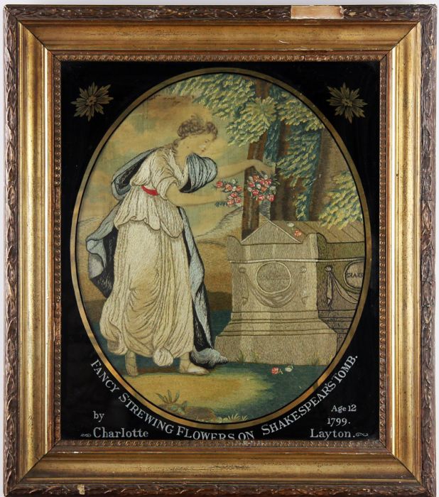 1799 Silk Needlework Panel, String of Flowers Shakespears Tomb, Charlotte Layton