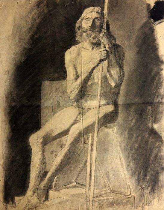 Large 18th Century Charcoal Drawing - Man with a Staff
