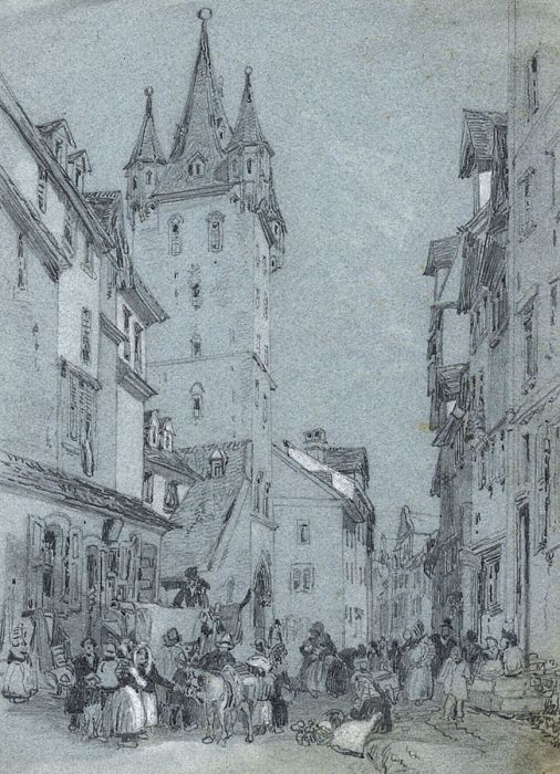 Excellent 19th Century Graphite Drawing - Village Scene