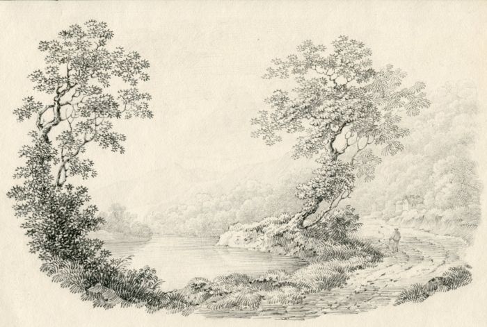 Fine 19th Century Graphite Drawing - Man Walking Along a Path