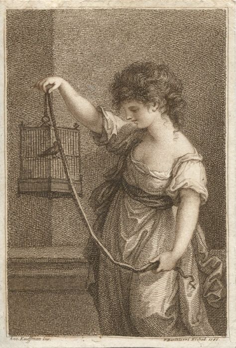 Bartolozzi after Ang. Kauffman - 1781 Engraving, Lady with Bird in a Cage
