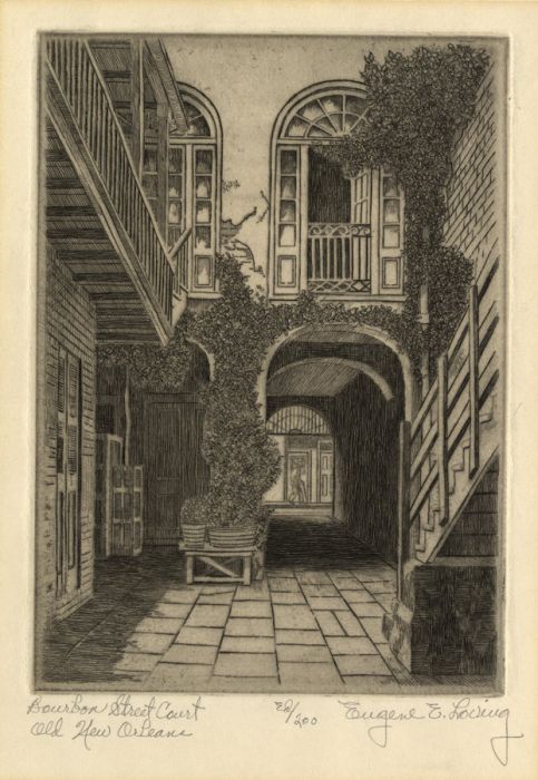Eugene E Loving - Mid 20th Century Etching, Bourbon Street Court Old New Orleans