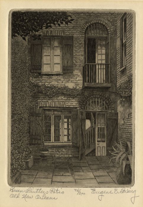 Eugene E Loving - Mid 20th Century Etching, Green Shutters Patio Old New Orleans