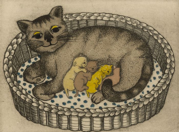 Christine Chagnoux - Contemporary Etching, Cat and Kittens