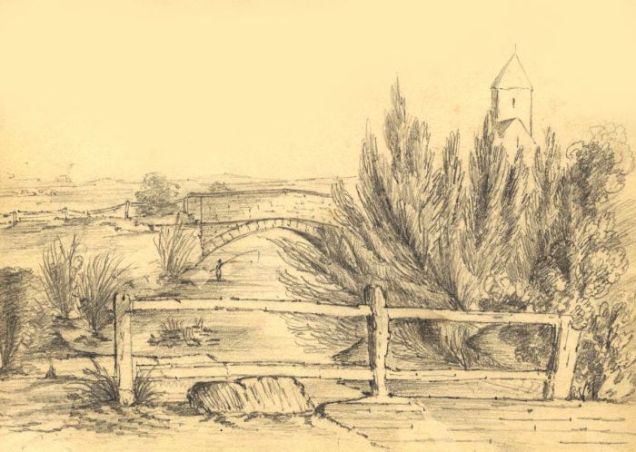 Mid 19th Century Graphite Drawing - Man Fishing Beneath a Stone Bridge