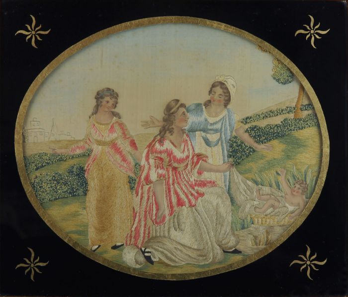Early 19th Century Silkwork Panel Moses in Basket in Verre Eglomise Frame