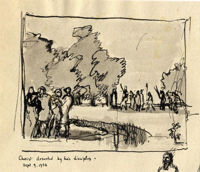 Frances Watt - 1954 Pen and Ink Drawing, Christ Deserted by his Disciples