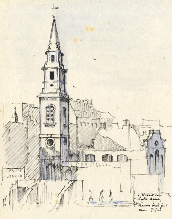 Frances Watt - 1952 Pen and Ink Drawing, St. Vedast in Foster Lane