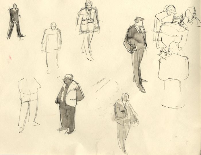 Frances Watt - 1961 Pen and Ink Drawing, On the Floor of the Stock Exchange