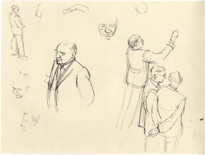 Frances Watt - 1961 Pen and Ink Drawing, On the Floor of the Stock Exchange
