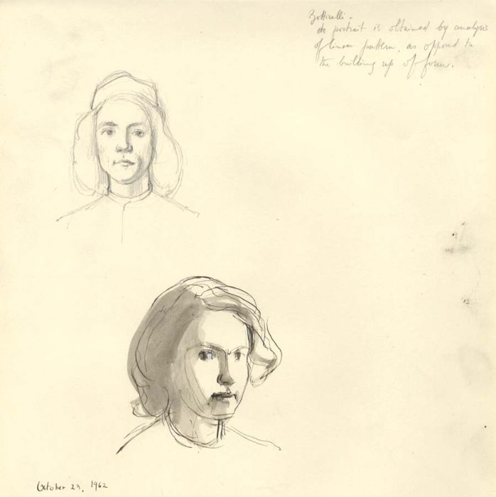 Frances Watt - 1962 Pen and Ink Drawing, After Botticelli and a Modern Portrait