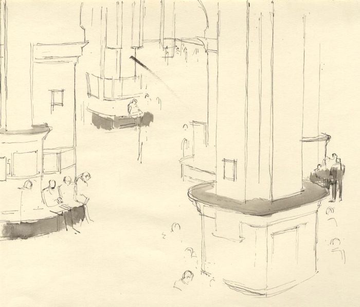 Frances Watt - 1961 Pen and Ink Drawing, The Trading Floor