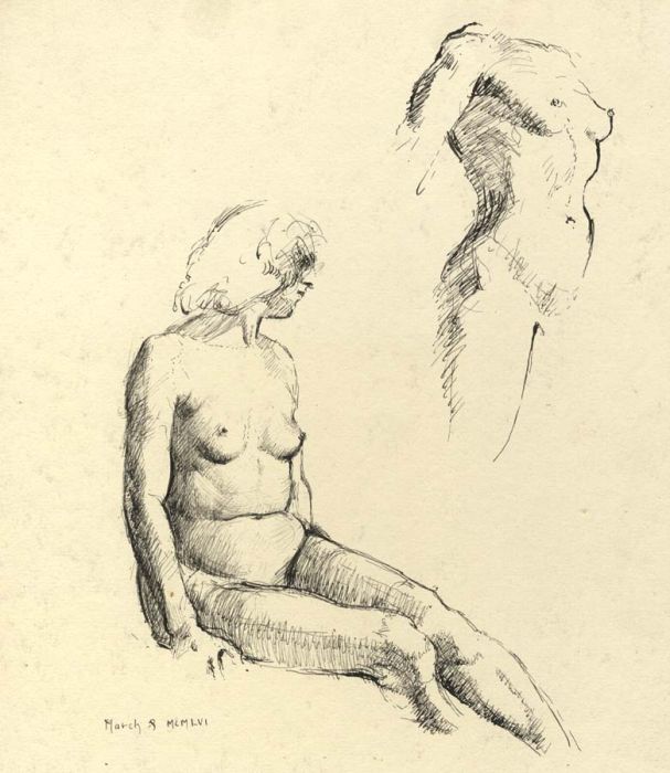 Frances Watt - Fine 1956 Pen and Ink Drawing, Figure Drawings