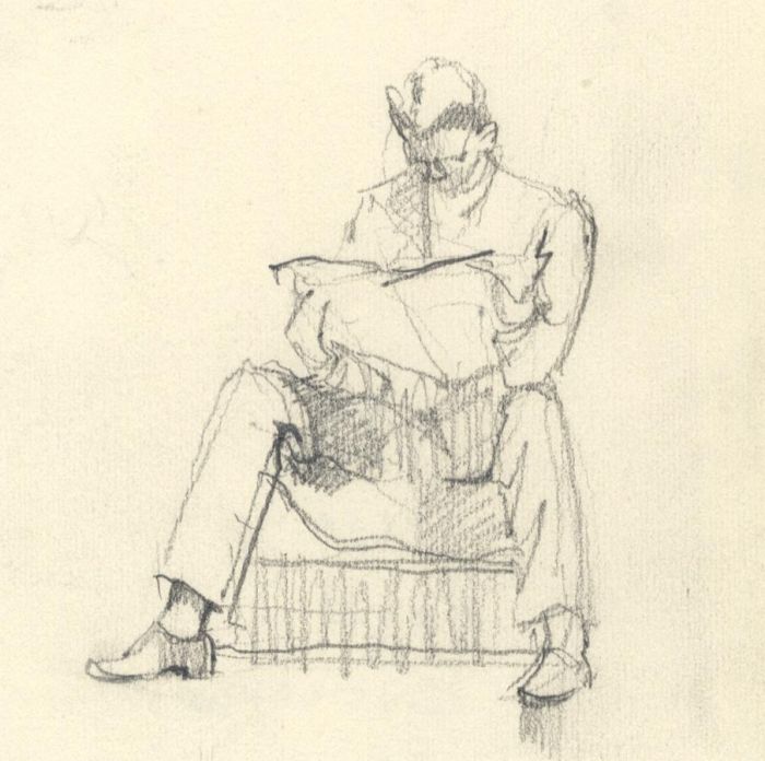 Frances Watt - Mid 20th Century Graphite Drawing, On the Steps of the Exchange