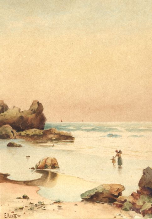 E. Knott - 1912 Watercolour, Coastal Scene with Mother and Daughter