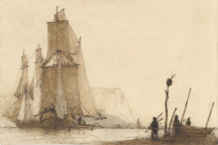 John Hippisley - Superb 1820 Mixed Media, Fishing boats off the South coast.