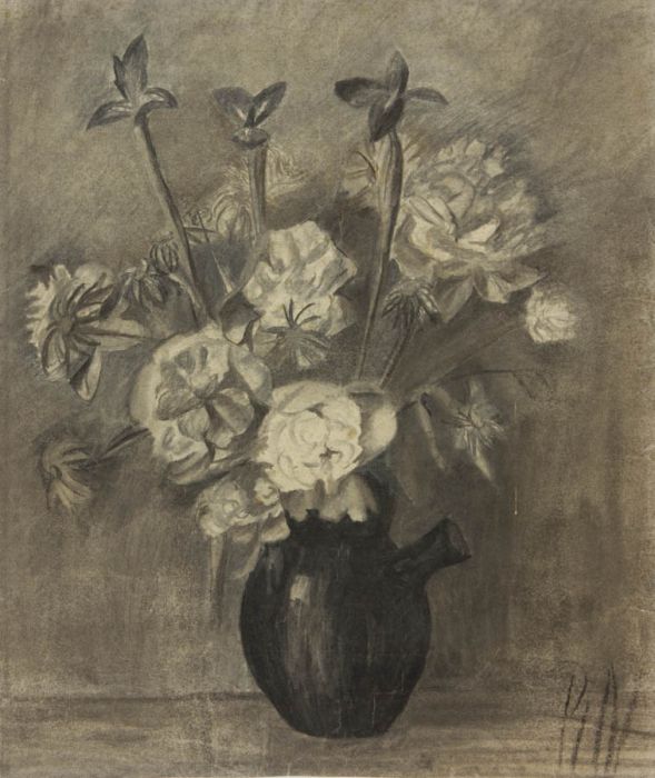 Good Large Early 19th Century Charcoal Drawing - Flowers
